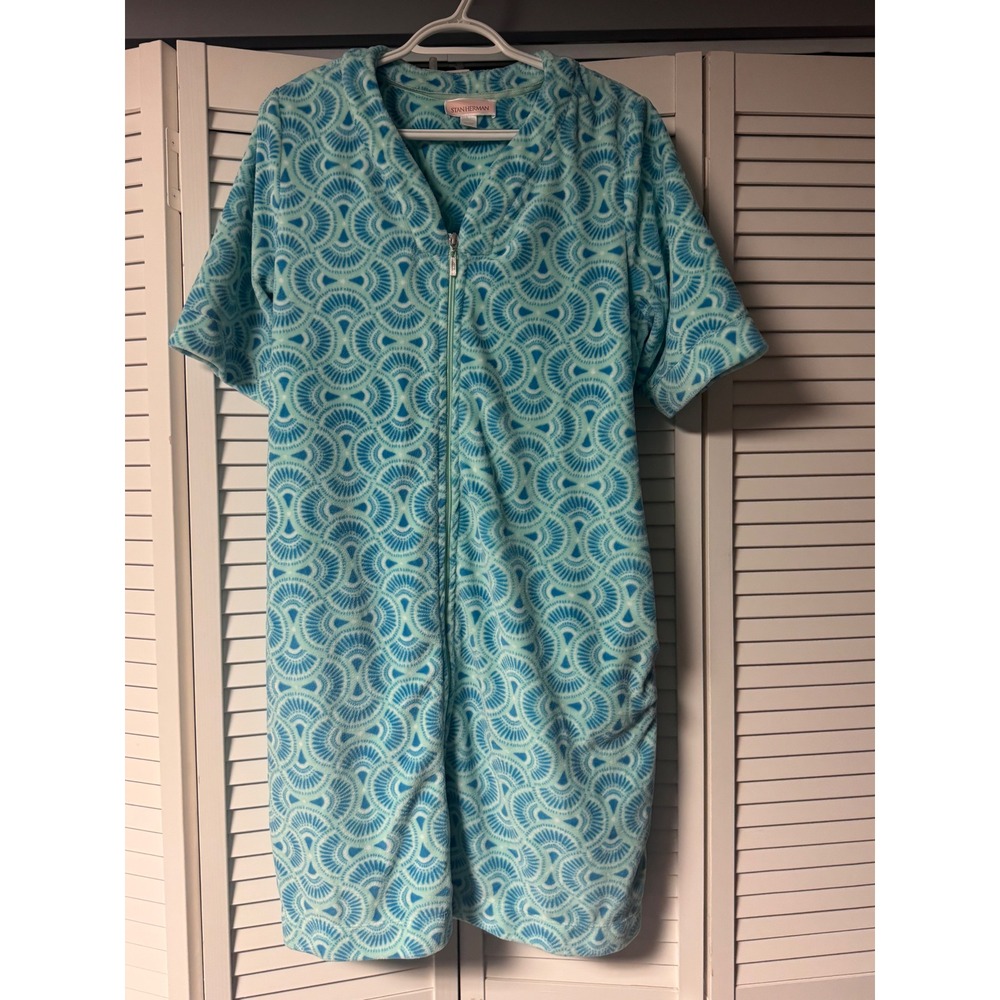 Stan Herman Blue Green Geometric Zip Front Robe Short Sleeve Housecoat Small